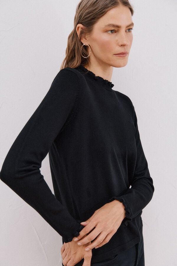 Cortefiel Camisola com gola com folhos Preto