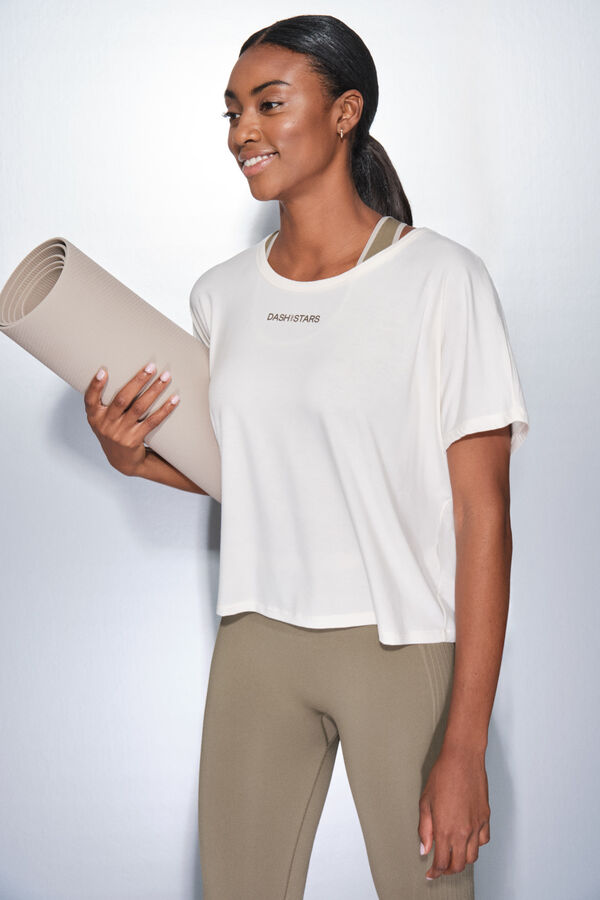 Dash and Stars T-shirt blanc &agrave; manche beige