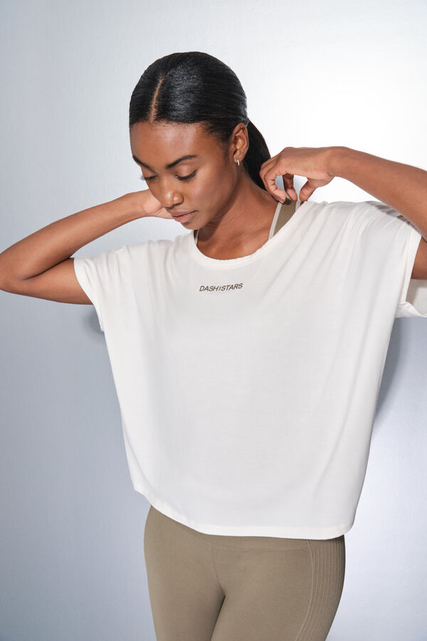 Dash and Stars T-shirt blanc &agrave; manche beige