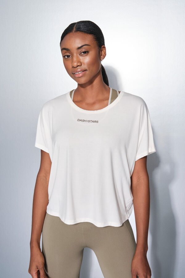 Dash and Stars T-shirt blanc &agrave; manche beige
