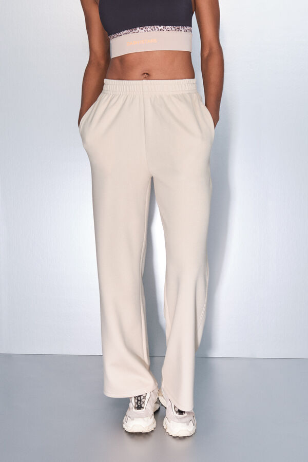 Dash and Stars Bež rebraste &scaron;iroke ravne pantalone nude