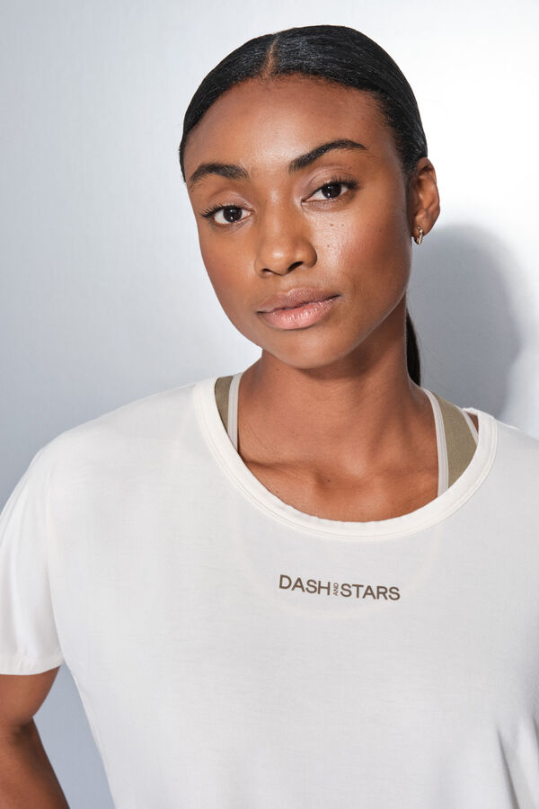Dash and Stars T-shirt blanc &agrave; manche beige