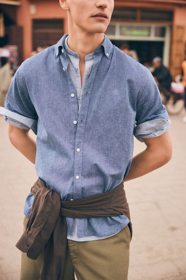 Springfield Camisa de manga curta em linho azul