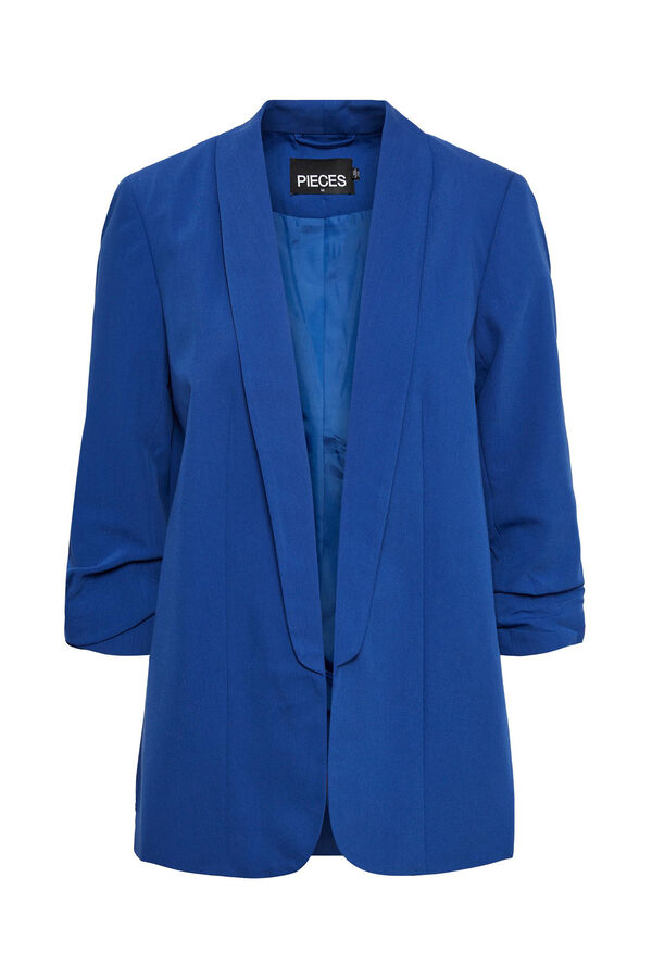 Springfield Blazer with 3/4-length sleeves, lapel detail and gathered sleeves. No buttons. bluish