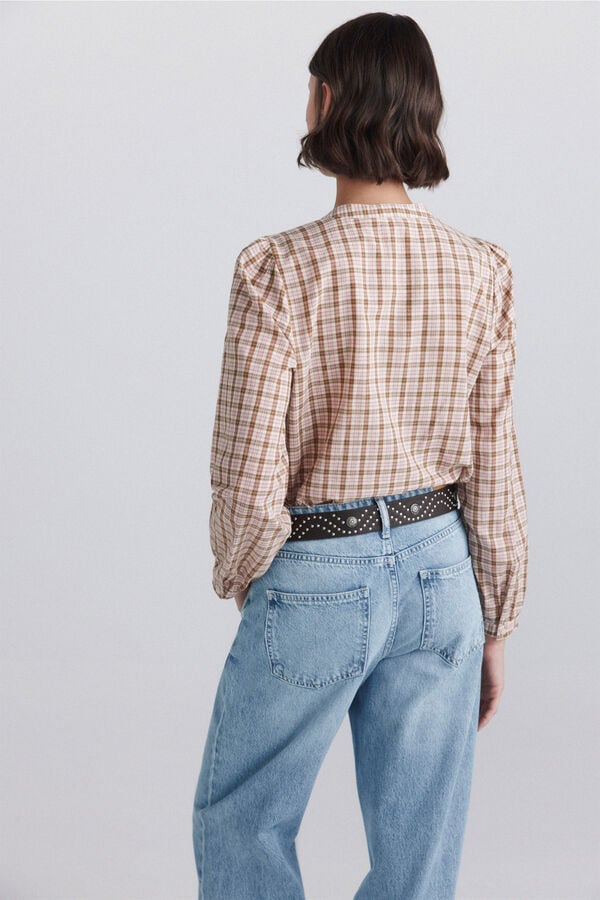 Springfield Plaid mandarin collar ruffle shirt pink