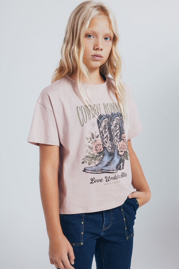 Springfield Kids Camiseta feminina com botas de cowboy rosa