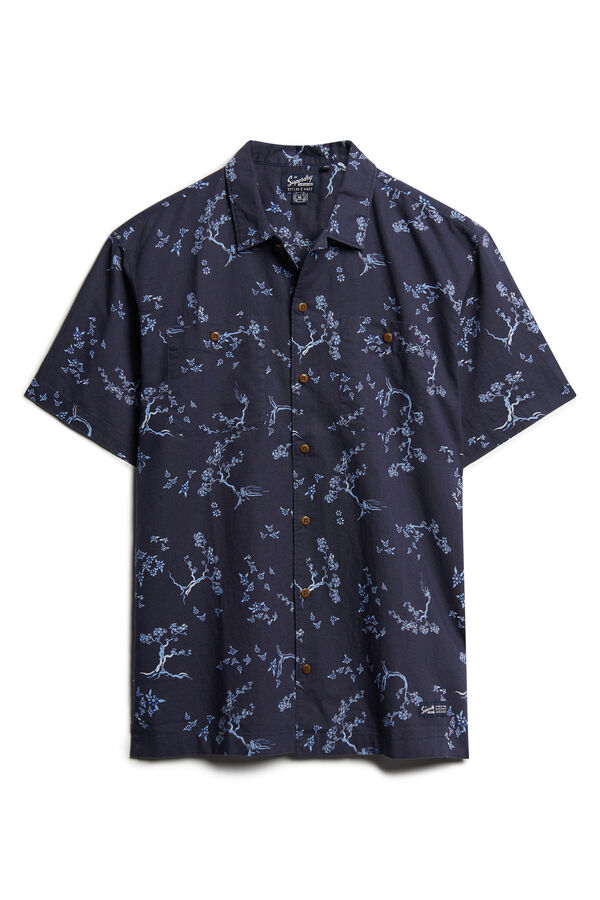Springfield Camisa de playa manga corta con lino estampado azul