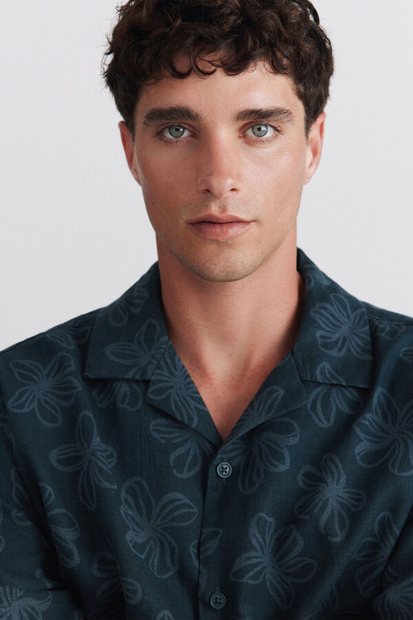 Springfield Printed linen rayon short sleeve T-shirt blue