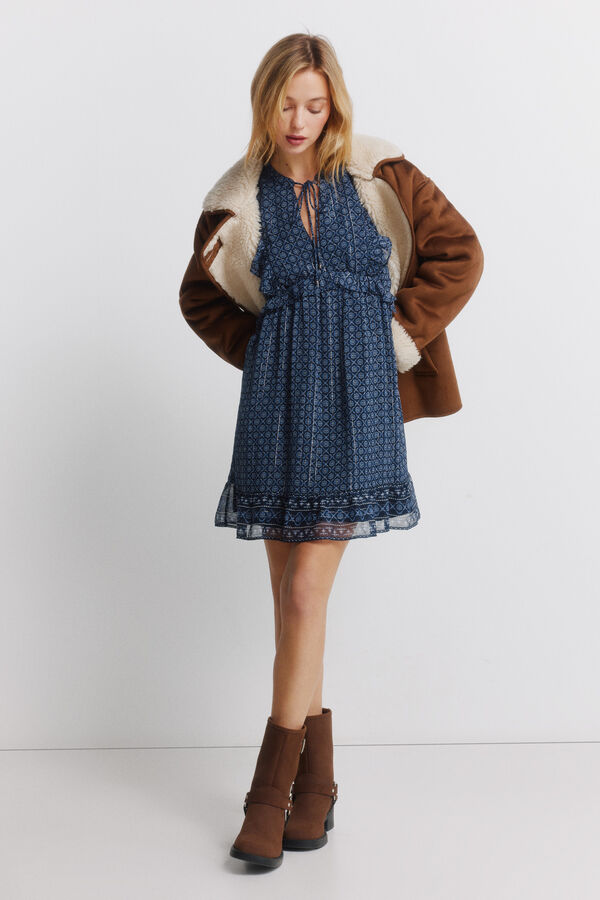 Springfield Short dress with long sleeves and ruffles blue