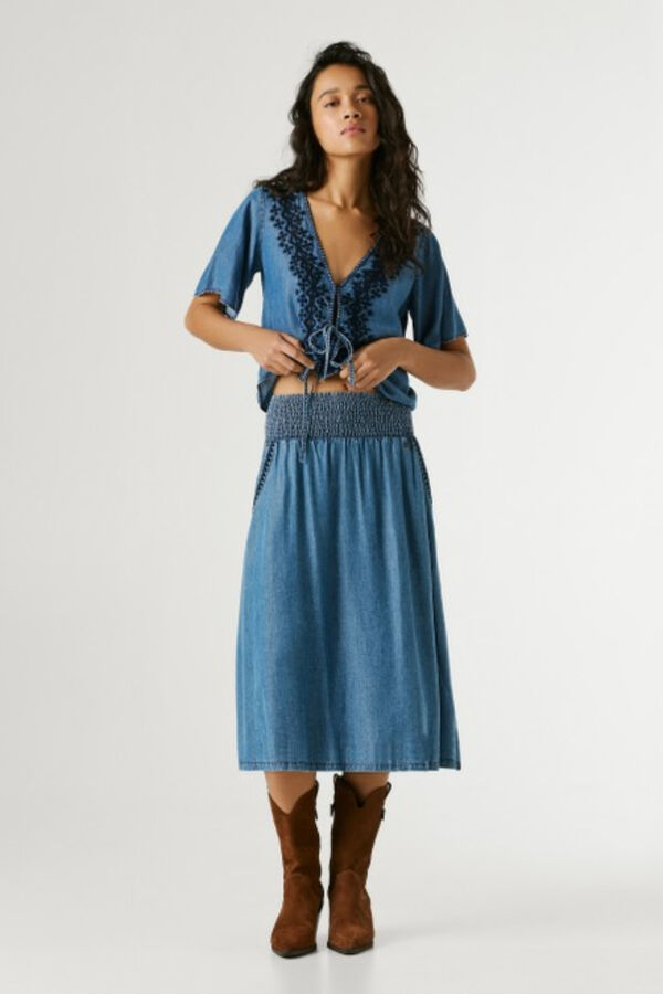 Pepe Jeans Falda midi bordado y bolsillo lateral azul