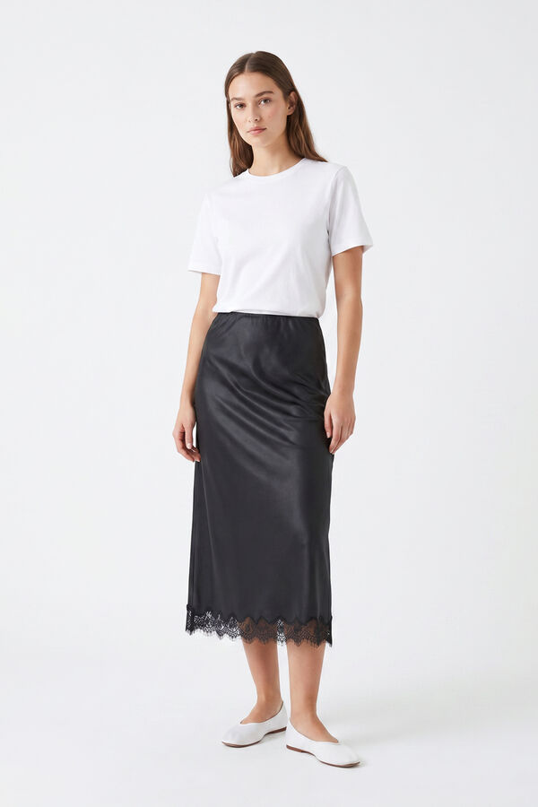 Pieces Satin-finish midi lace skirt black