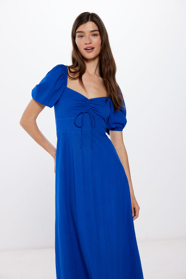 Springfield Jednobojna midi haljina s voluminoznim rukavima plava