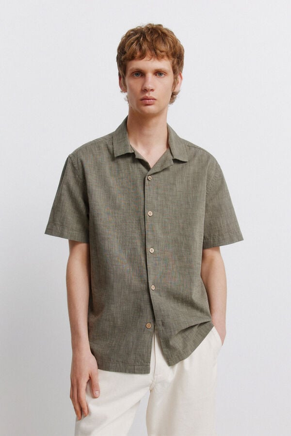 Springfield Linen-look short sleeve bowling shirt printed