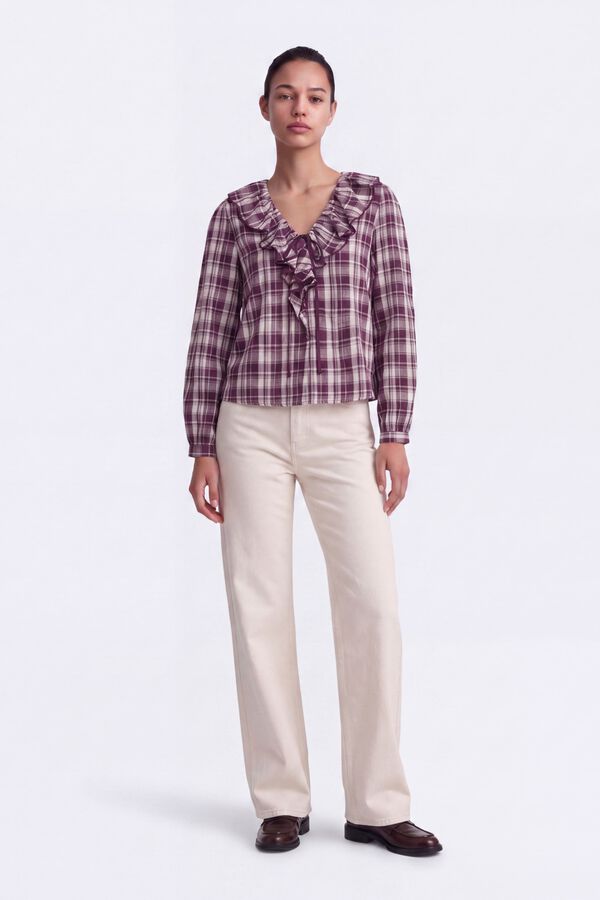 Only Plaid ruffle blouse brown