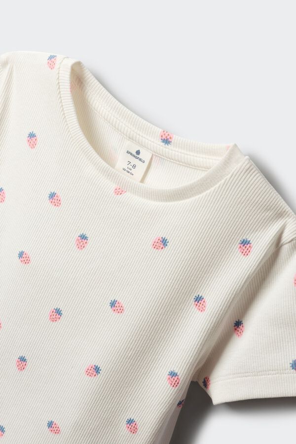 Springfield Kids T-shirt de manga curta em malha canelada com morangos para menina bege