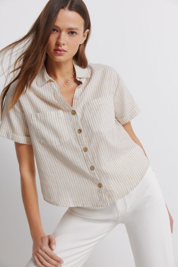 Springfield Chemise en lin &agrave; manches courtes camel