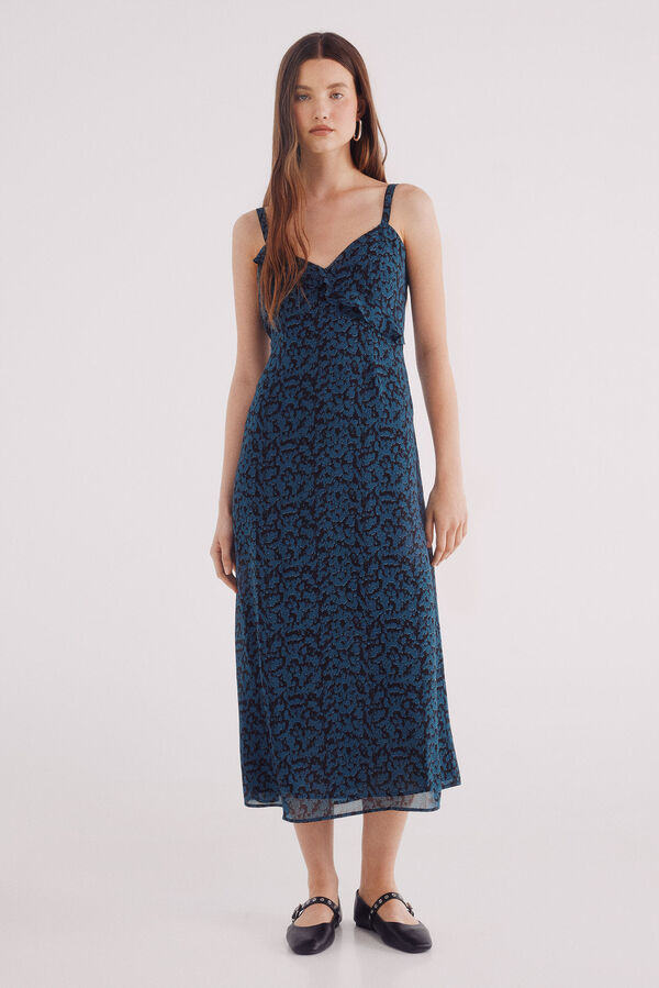 Springfield print midi dress with ruffle neckline black