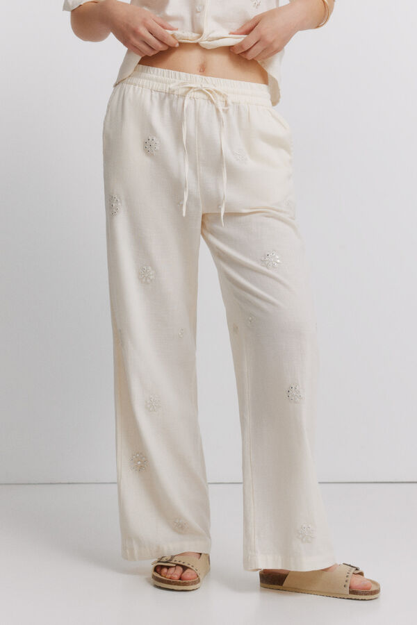 Springfield Floral linen trousers nude