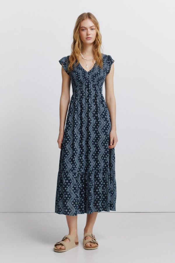 Springfield Border print midi dress blue