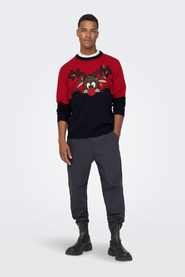 Only & Sons Rundhals-Pullover mit Weihnachtspr&auml;gung Rot