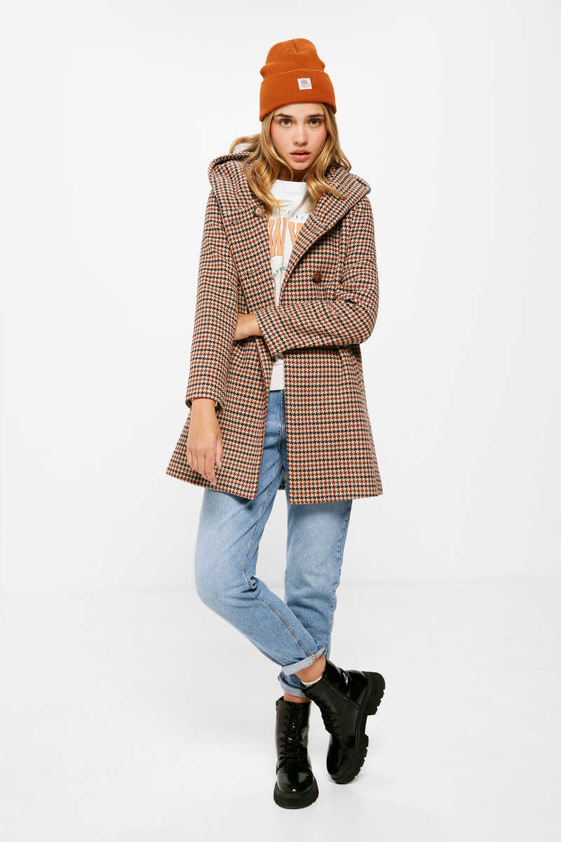 Springfield Checked wool coat with hood tan