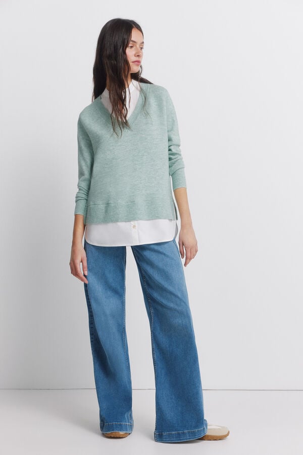 Springfield Mixed media mandarin collar jumper blue