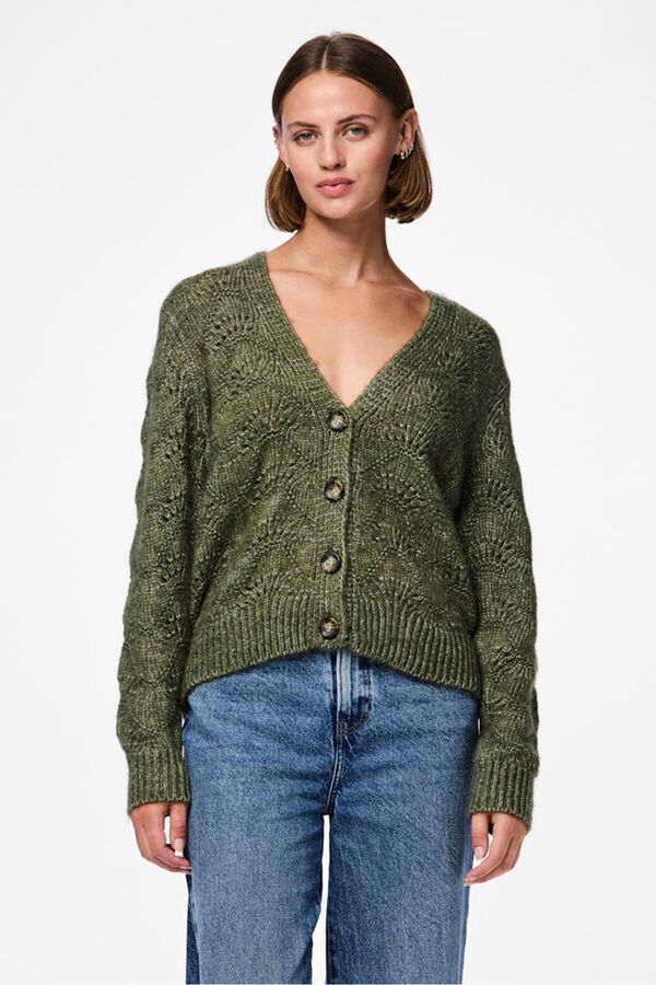 Pieces Openwork Buttoned Cardigan vert