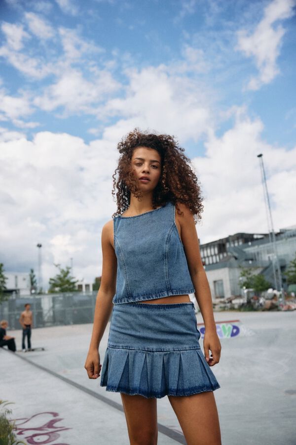 Noisy May Denim top with back tie blue