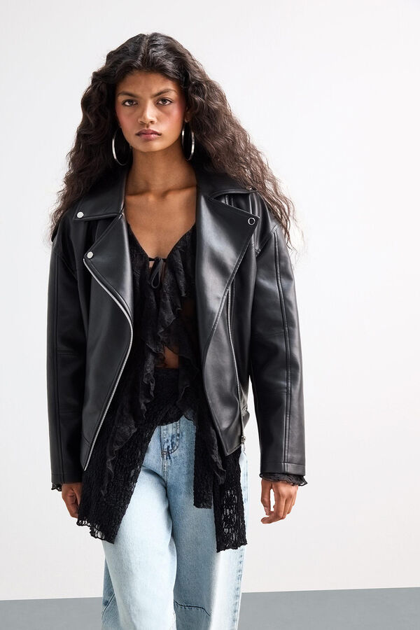 DeFacto Blus&atilde;o oversize efeito pele preto