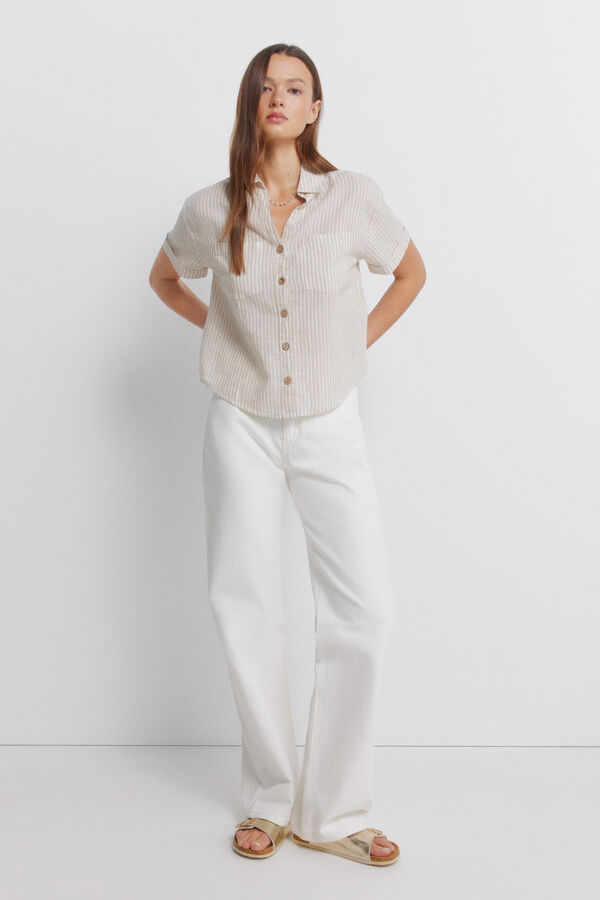 Springfield Chemise en lin &agrave; manches courtes camel