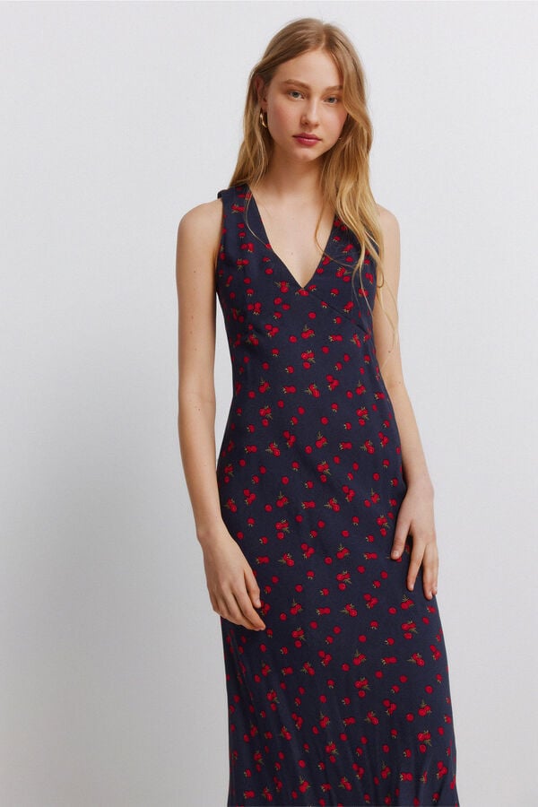Springfield Fruit print midi dress with straps blue