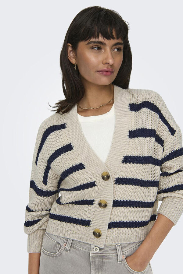 Only Cardig&atilde; riscas castanho