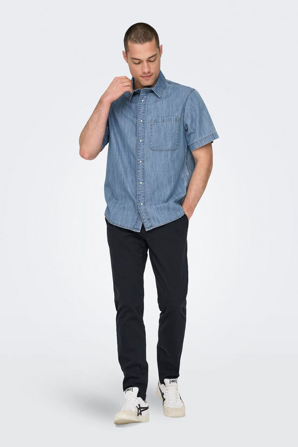 Springfield Camisa de homem estilo chambray de manga curta azul indigo