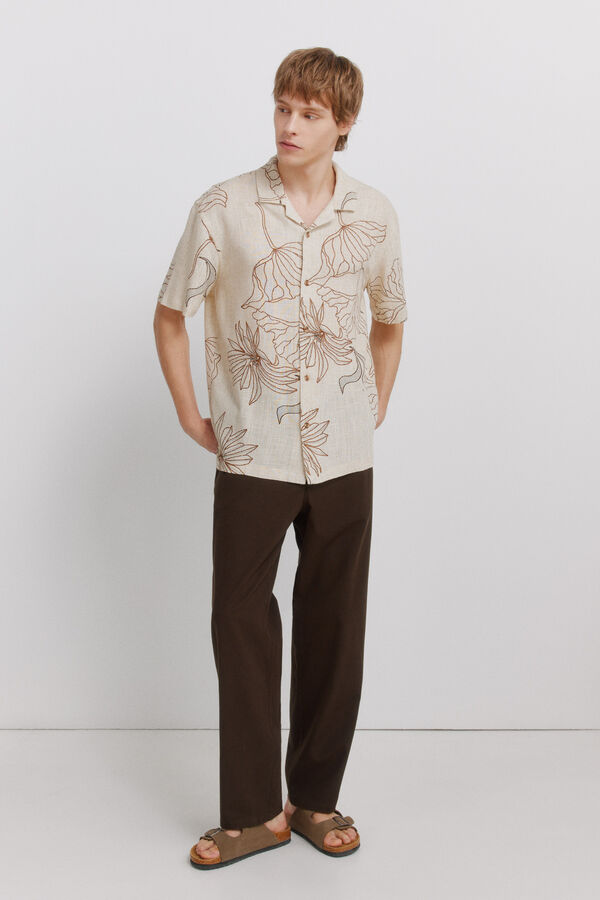 Springfield Printed linen viscose short sleeve shirt grey