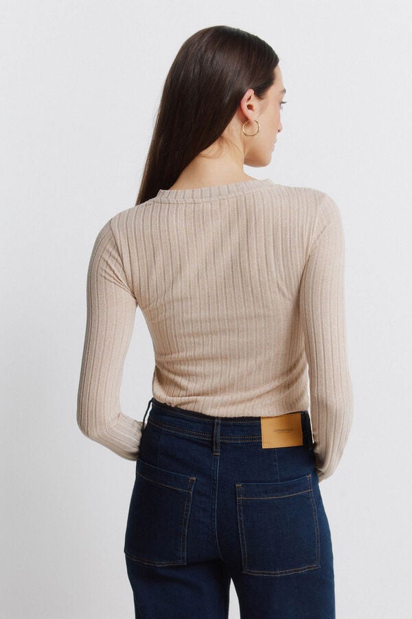 Springfield Camiseta canalé cuello botones nude