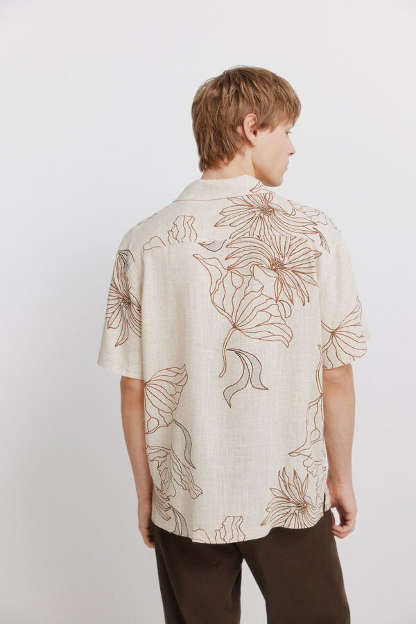 Springfield Printed linen viscose short sleeve shirt grey