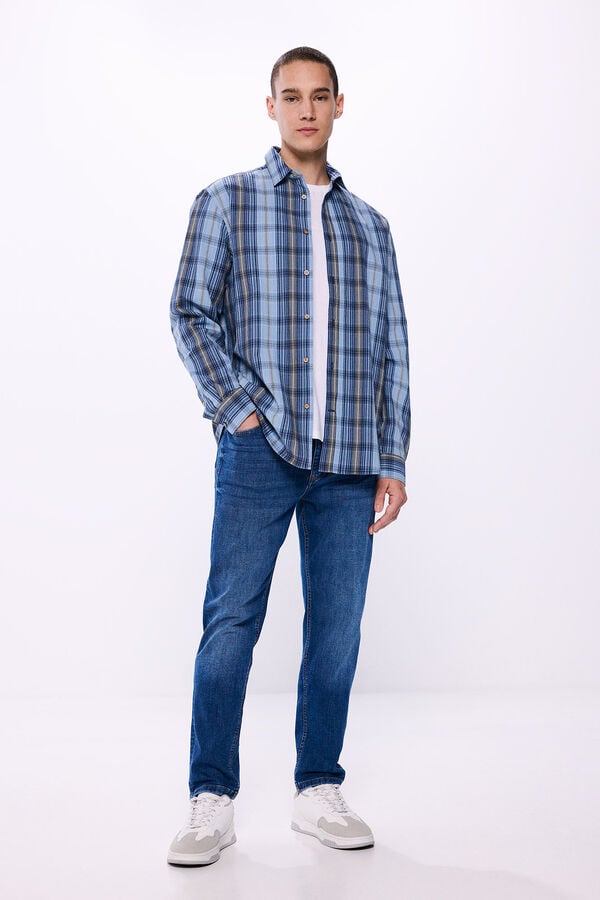 Springfield Camisa seersucker cuadros azul medio