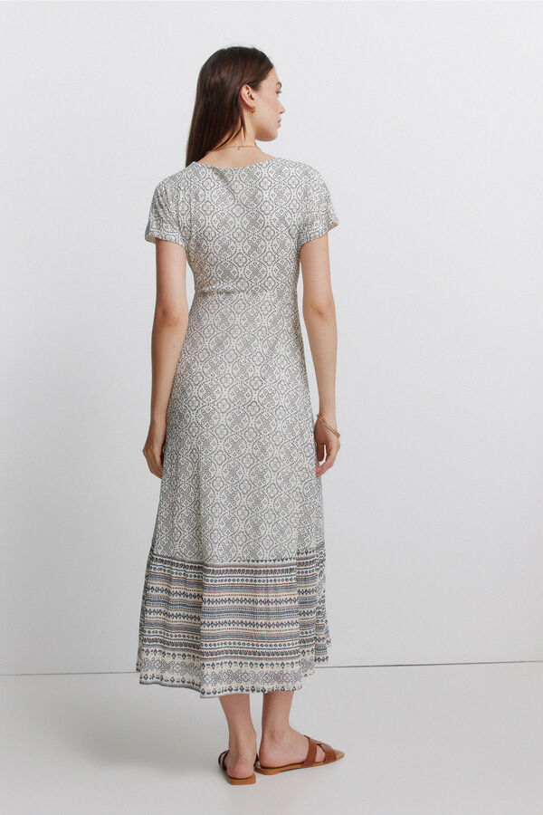 Springfield Border print V-neck dress beige