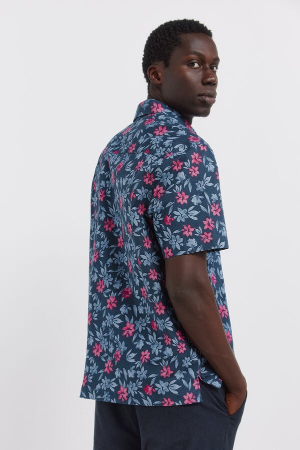 Springfield Printed linen short sleeve shirt blue