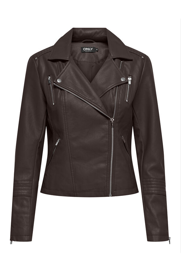 Only Chaqueta biker piel vegana marr&oacute;n