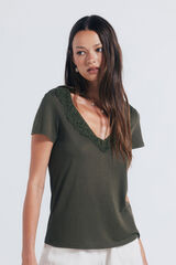 Springfield Crochet neckline T-shirt beige