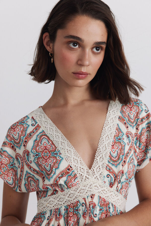 Springfield Border print short sleeve midi dress beige