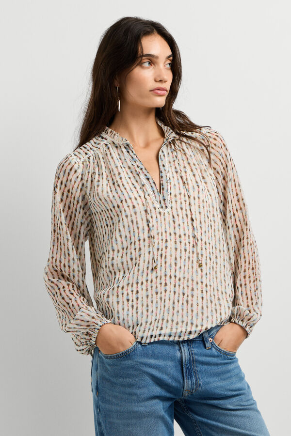 Pepe Jeans Blusa fluida con cintas y borlas estampado