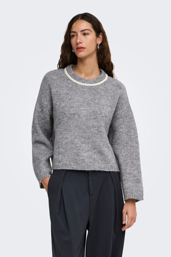 Only Pullover mit Perlenkragen Grau