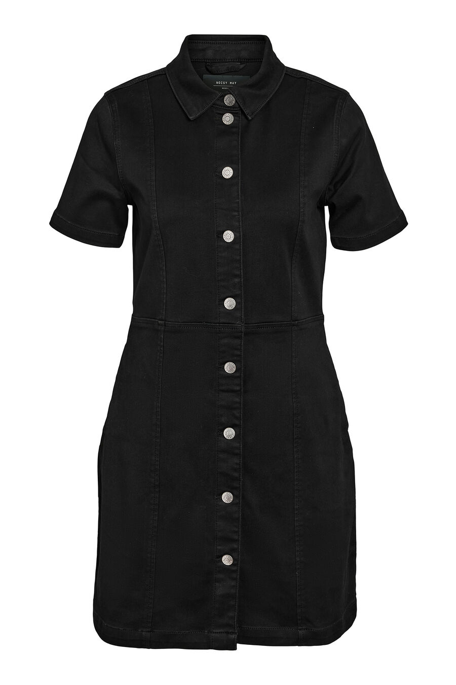 Vestido vaquero corto de manga corta con abotonado frontal y bolsillos.