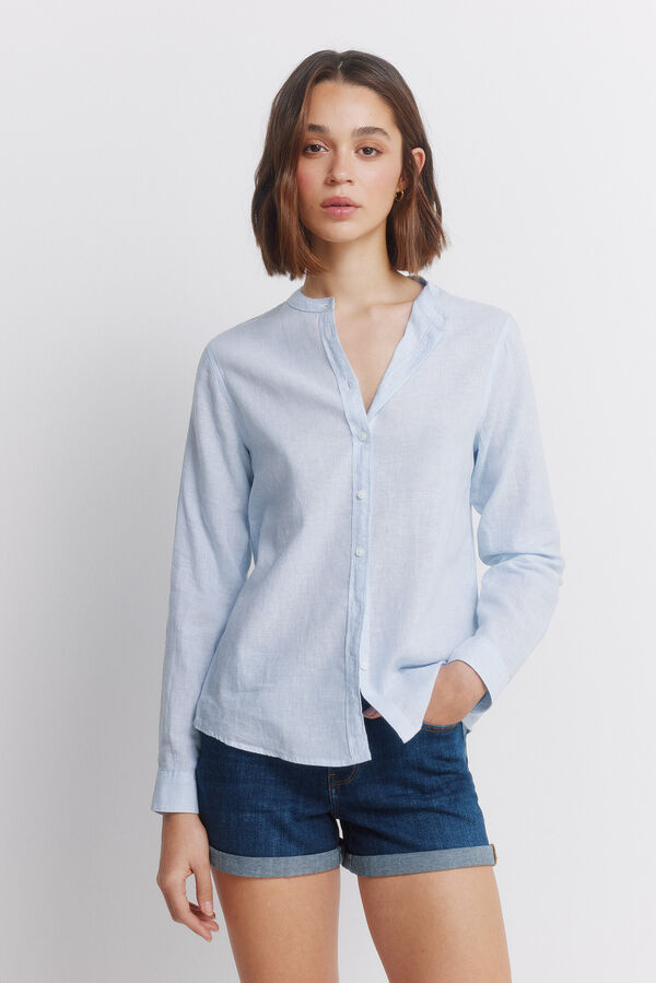Springfield Linen long sleeve mandarin collar shirt blue