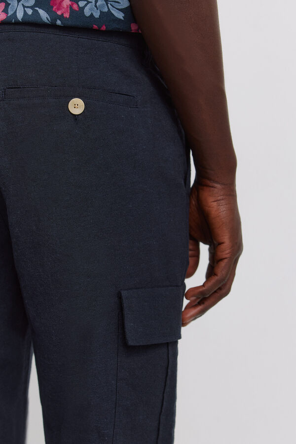 Springfield Linen comfort slim fit cargo trousers blue
