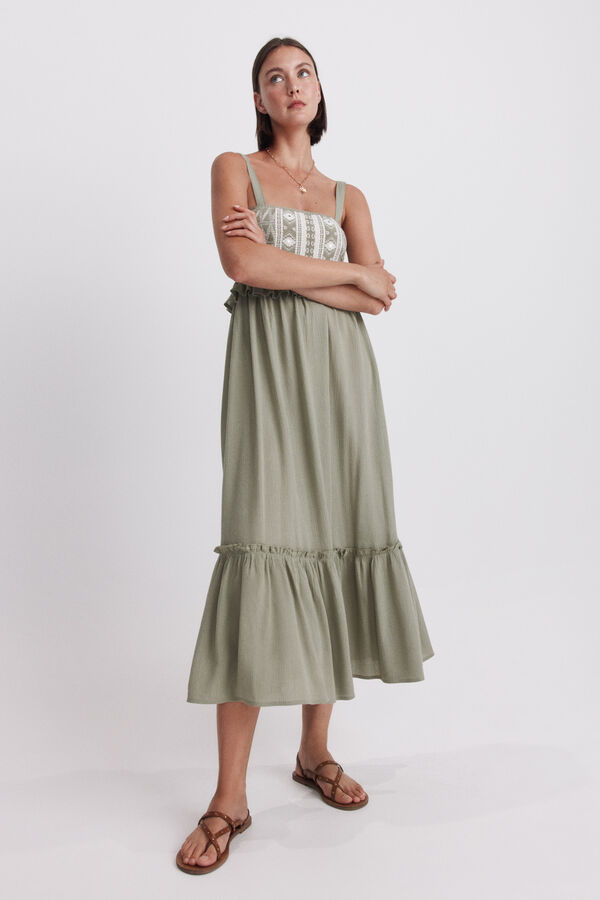 Springfield Embroidered strap midi dress beige