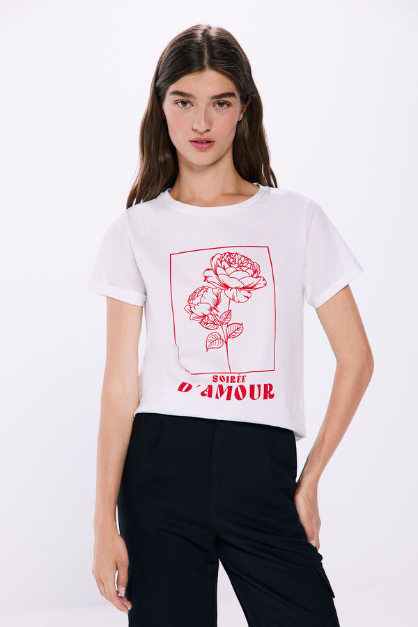 Springfield Pamučna majica sa grafičkim printom i podvrnutim rukavima bela