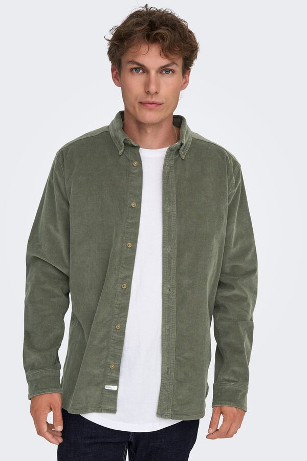 Only & Sons Camisa de veludo cotel&ecirc; de manga manga cinzento